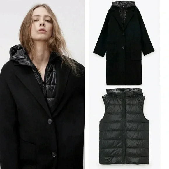 Zara Jackets & Blazers - Zara 2 In 1 Wool Blend Coat Black Size M Quilted Puffer Combo (detachable)